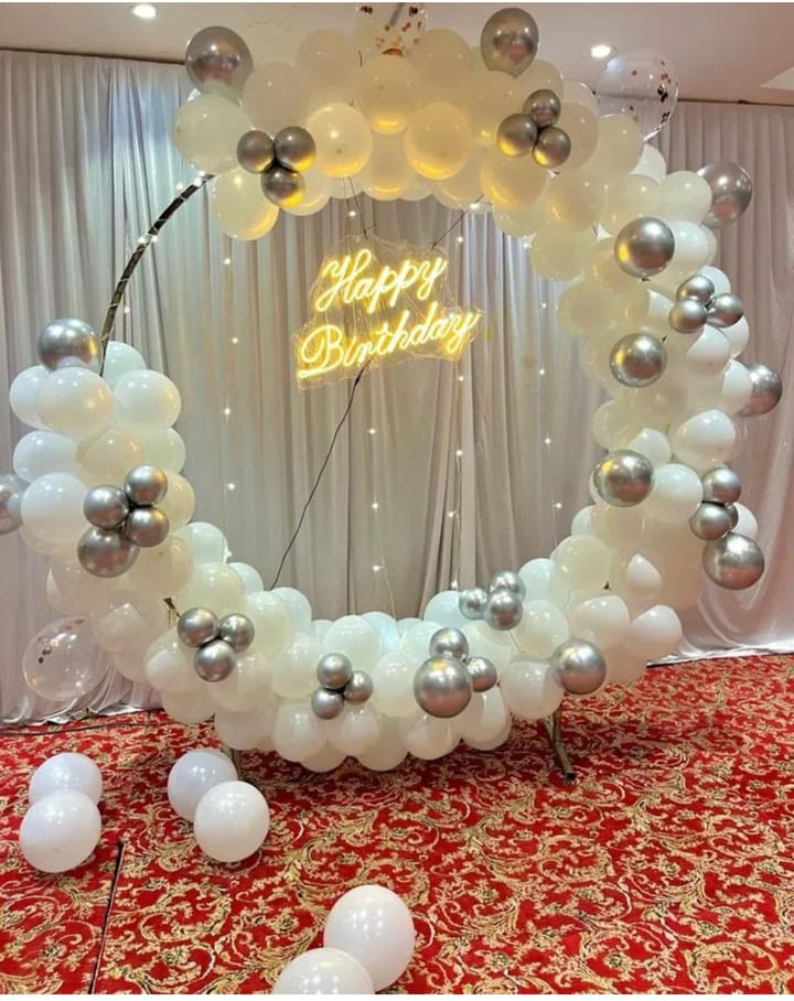 Elegant White and Silver Birthday Arch
