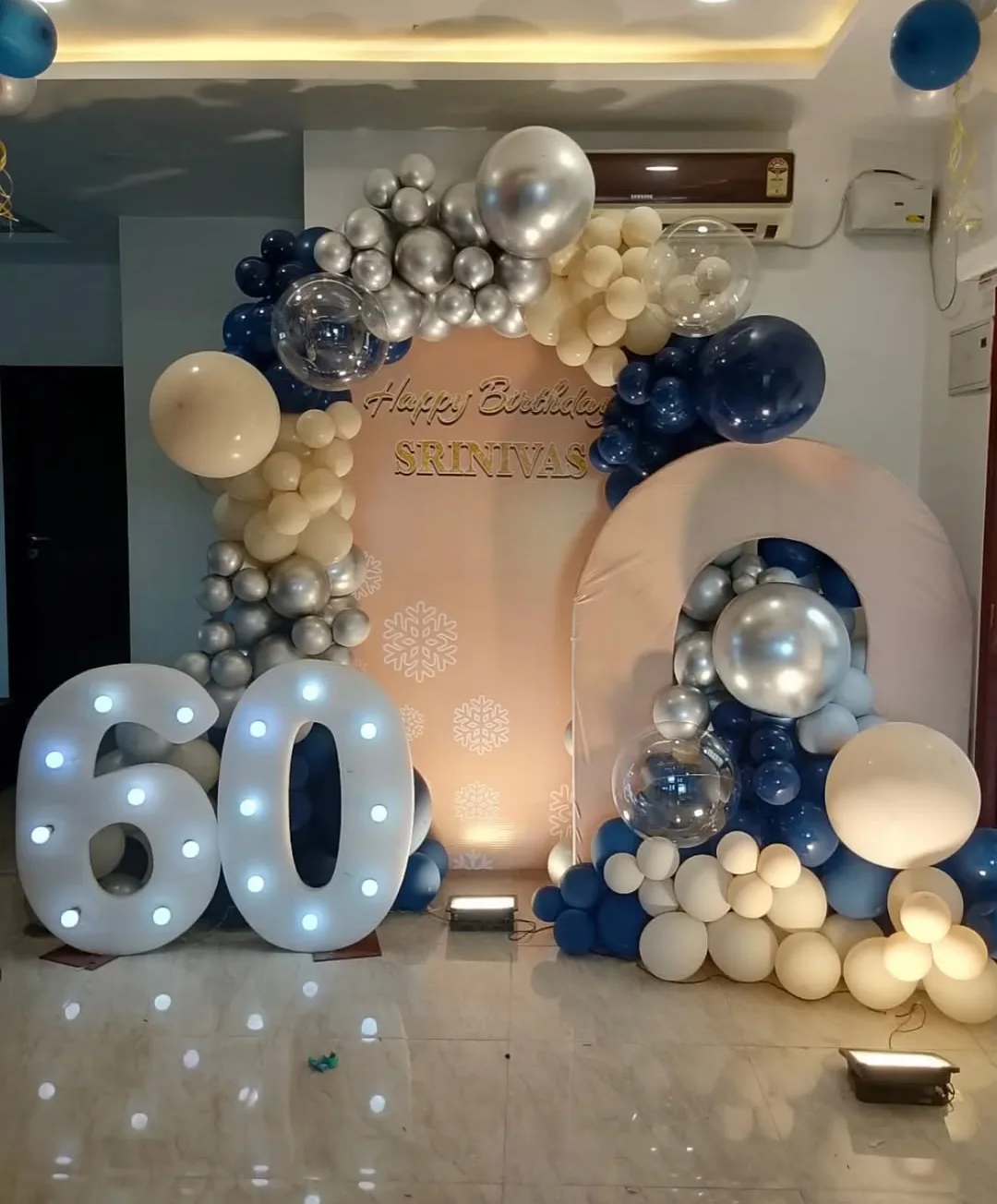 silver and Blue – 60th Birthday Arch Decor