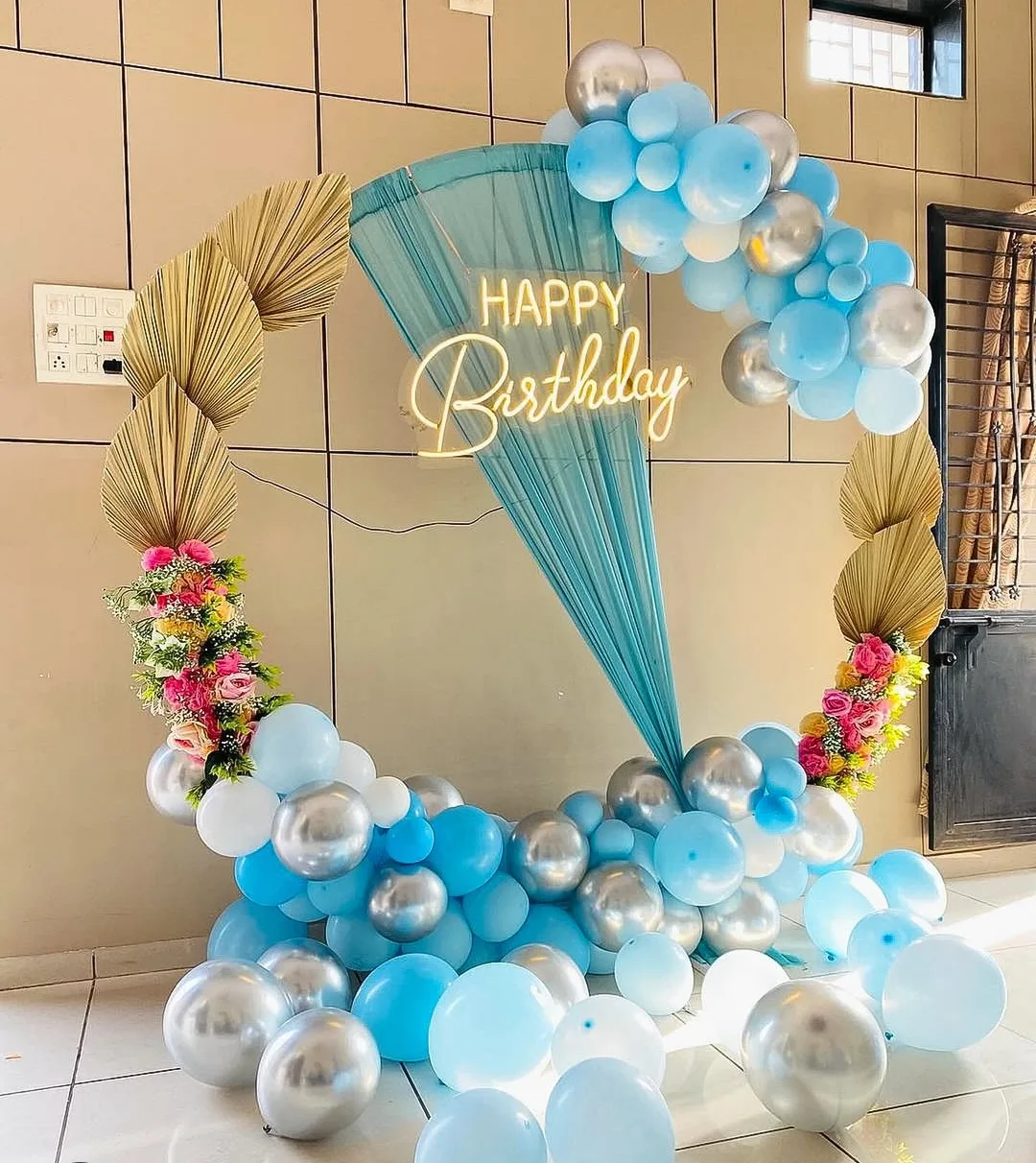 Elegant Blue and Gold Birthday Balloon Arch