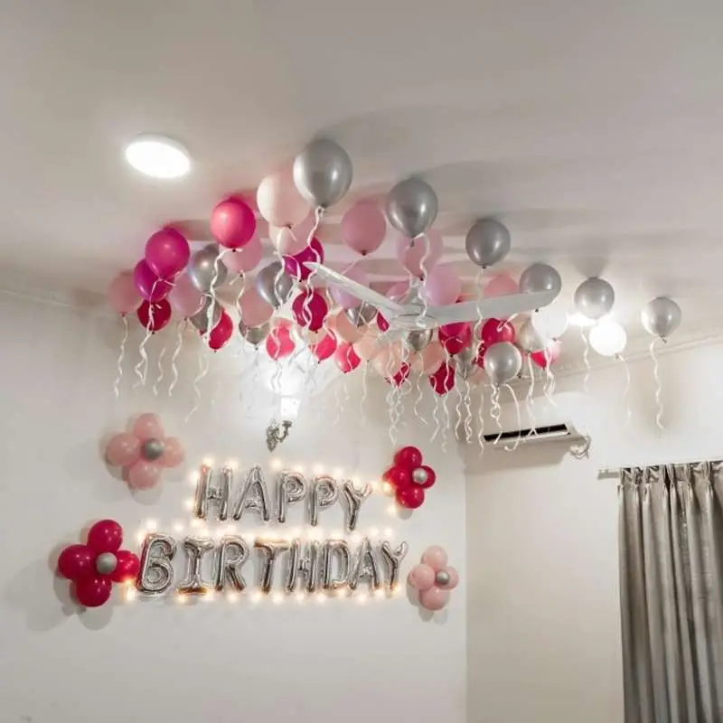 Ceiling Balloon Surprise – Pink, Silver and Floral Birthday Theme