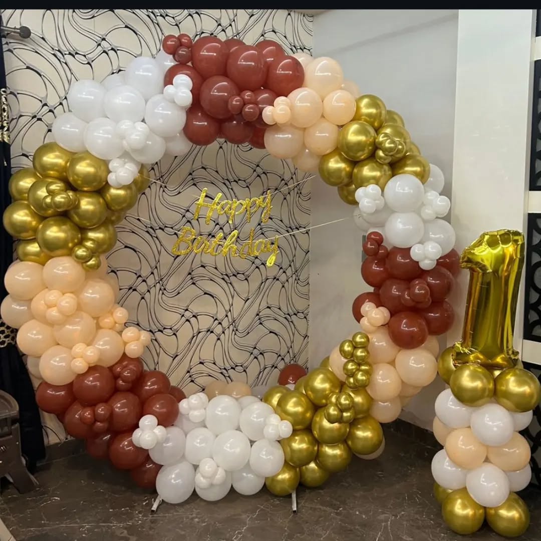 Elegant Gold and Earth-Tone Balloon Arch for 1st Birthday